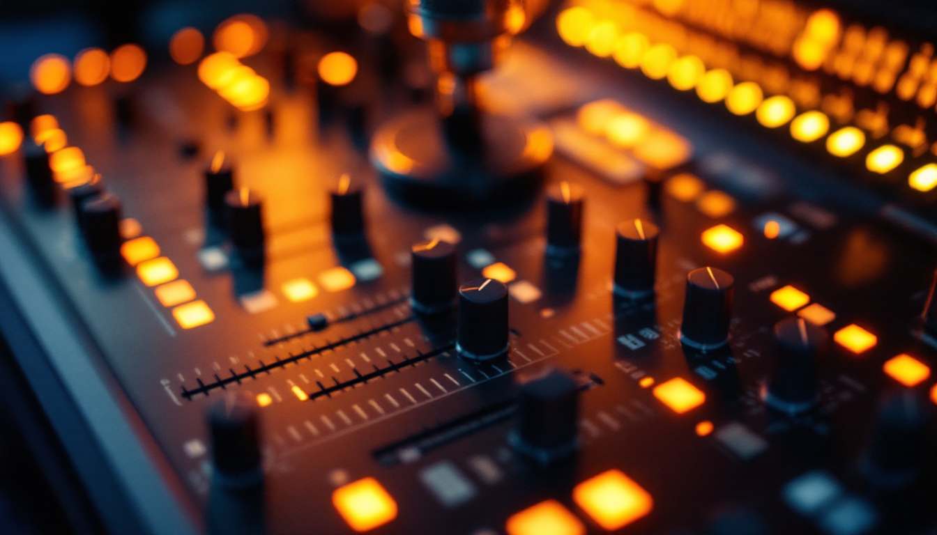 The Soundwell mixing room at dusk — faders glowing under a warm lamp