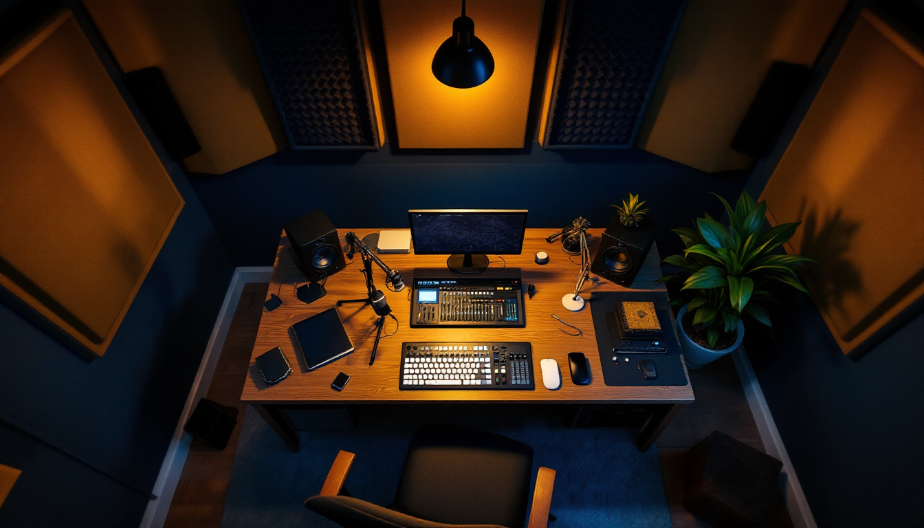 Soundwell control room with mixing desk, microphone and headphones in warm light