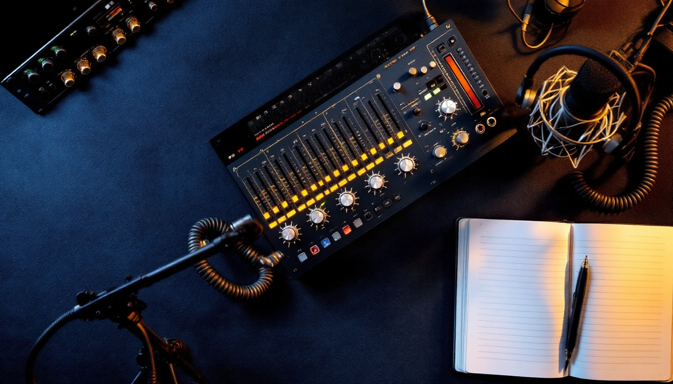 Top-down view of a podcast mixing desk, microphone and cables